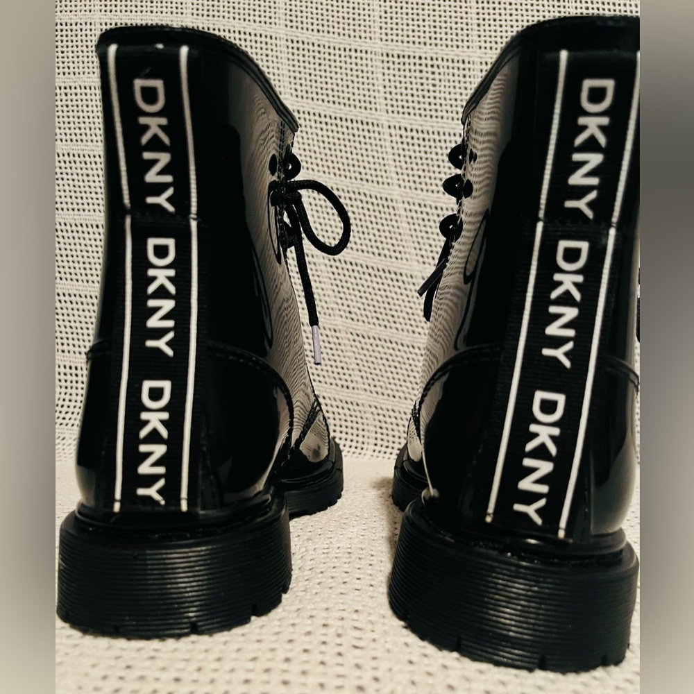 DKNY Glossy Black Lace-Up Combat Boots - Picture 2 of 5
